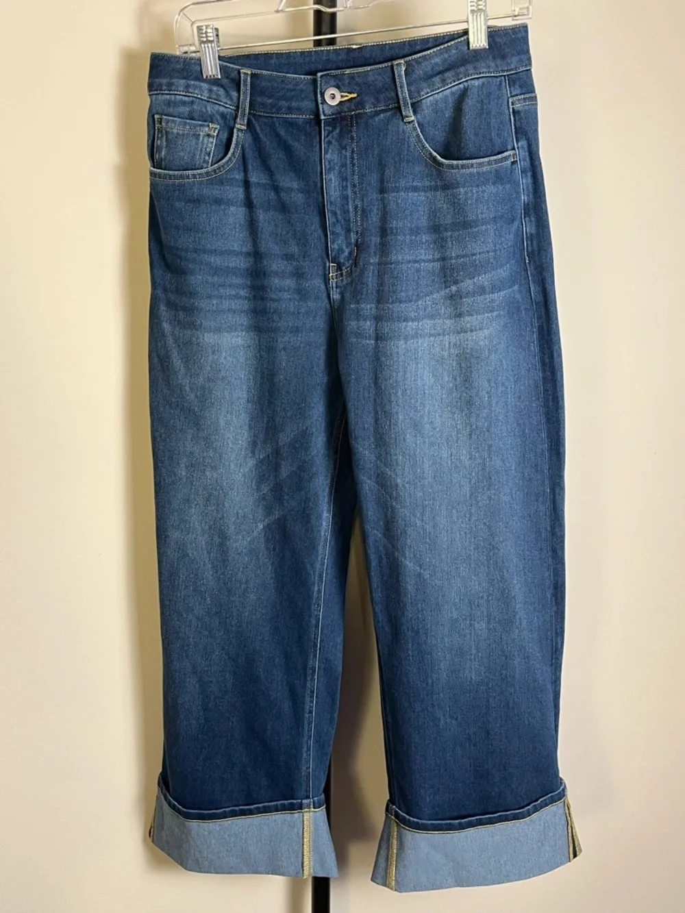 NWT HALARA Meduim Petite Women's Indigo Wide-Leg Cuffed Crop Blue Jeans - Picture 3 of 5